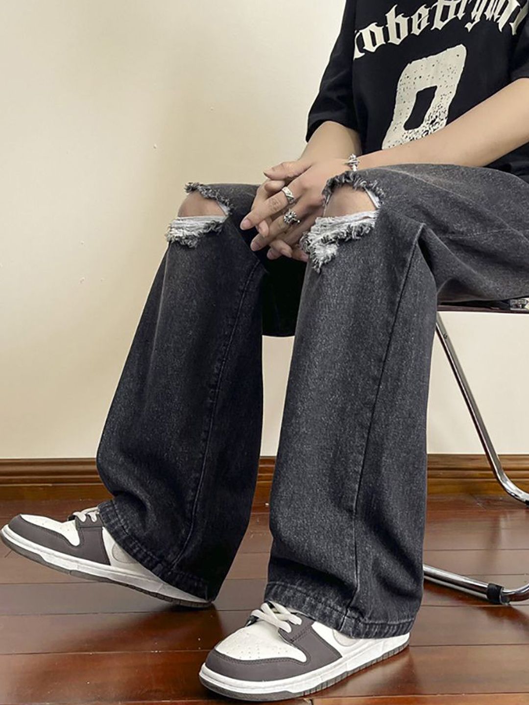 Men Wide Leg Slash Knee Light Fade Jeans