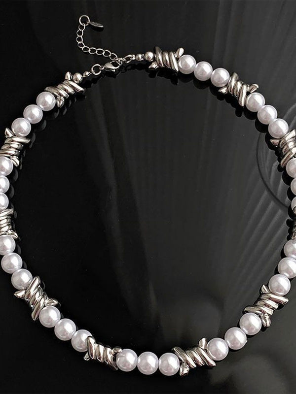 Silver-Plated Artificial Beaded Minimal Necklace