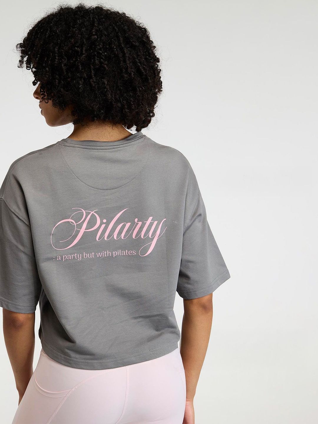 Women Grey-Pink Pilates Core Cropped Cotton Boxy Tee