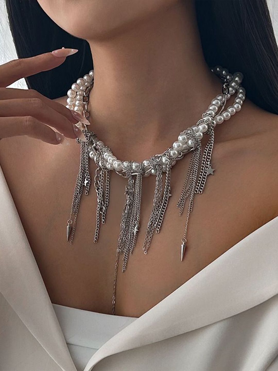 Silver-Plated Pearls Beaded Tasselled Statement Necklace