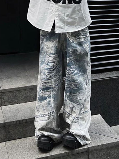 Men Wide Leg Mid-Rise Light Fade Printed Jeans