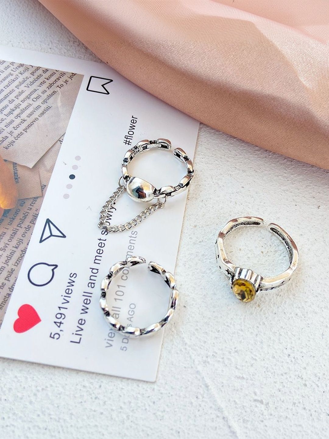Set of 3 Silver-Plated Stone-Studded Finger Rings