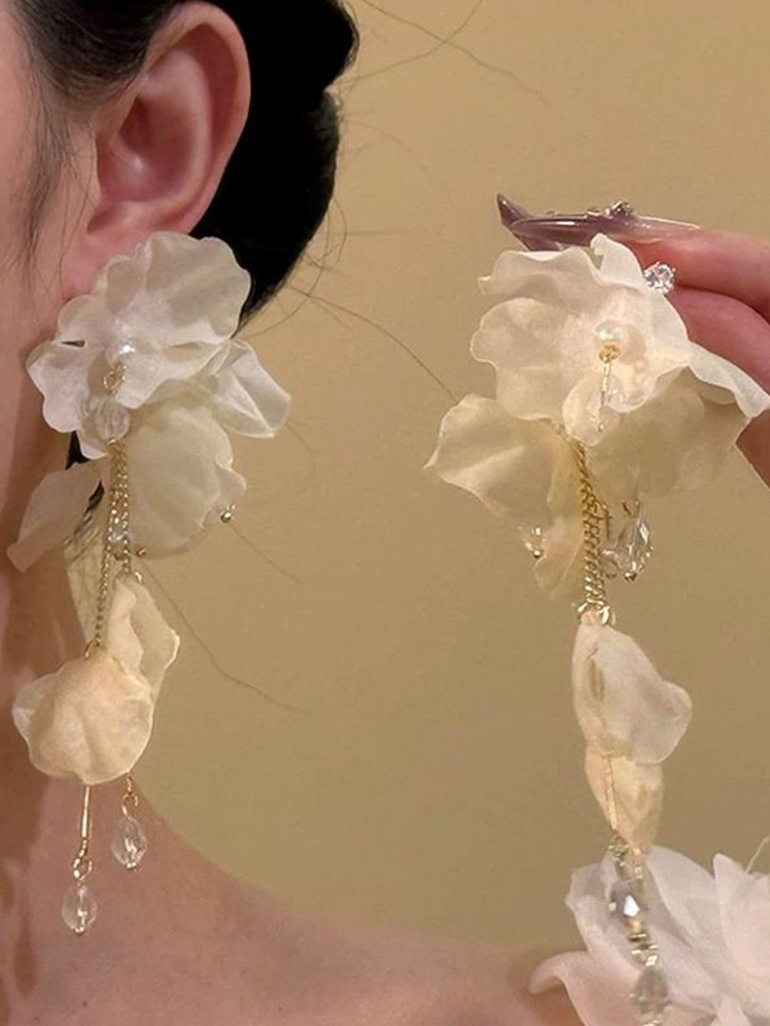 Floral Shaped Stones Studded and Beaded Chunky Drop Earrings