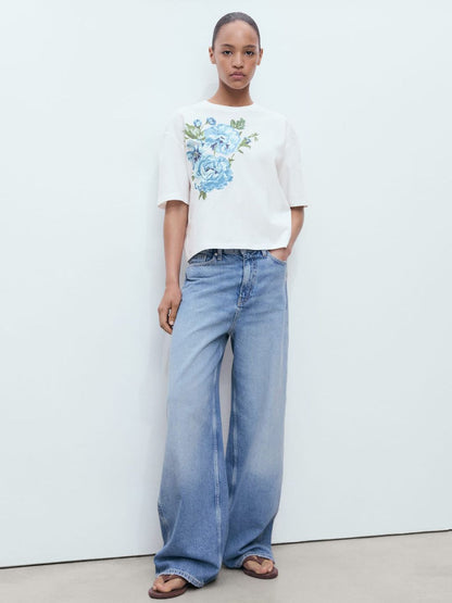 Women Floral Printed Drop-Shoulder Sleeves Pure Cotton T-shirt
