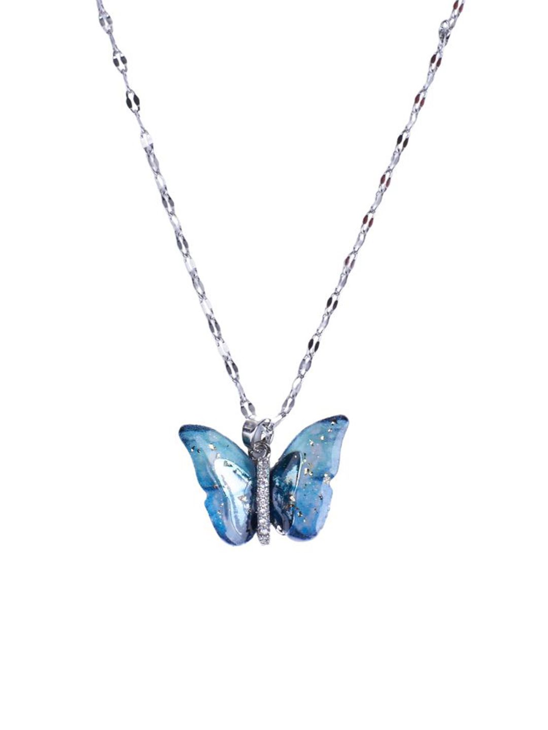 SALTY Silver Plated Stones Studded Butterfly Pendant Chain & Ring Jewellery Set