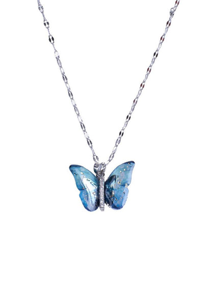 SALTY Silver Plated Stones Studded Butterfly Pendant Chain & Ring Jewellery Set