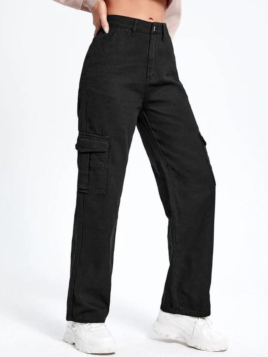 Women Cotton Straight Fit High-Rise Cargo Styles Jeans
