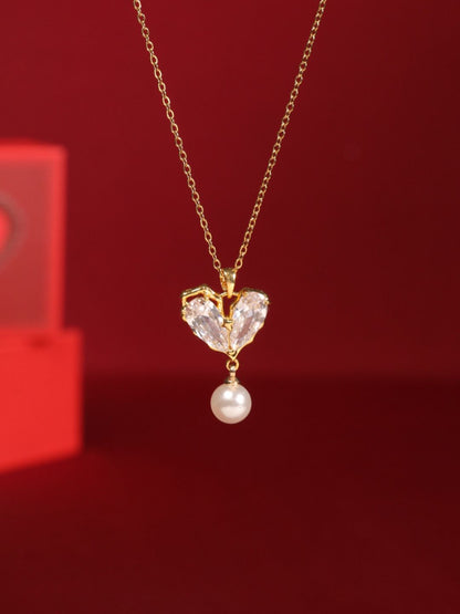 SALTY Charming Stone Heart Pearl Neck Chain For Women & Girls