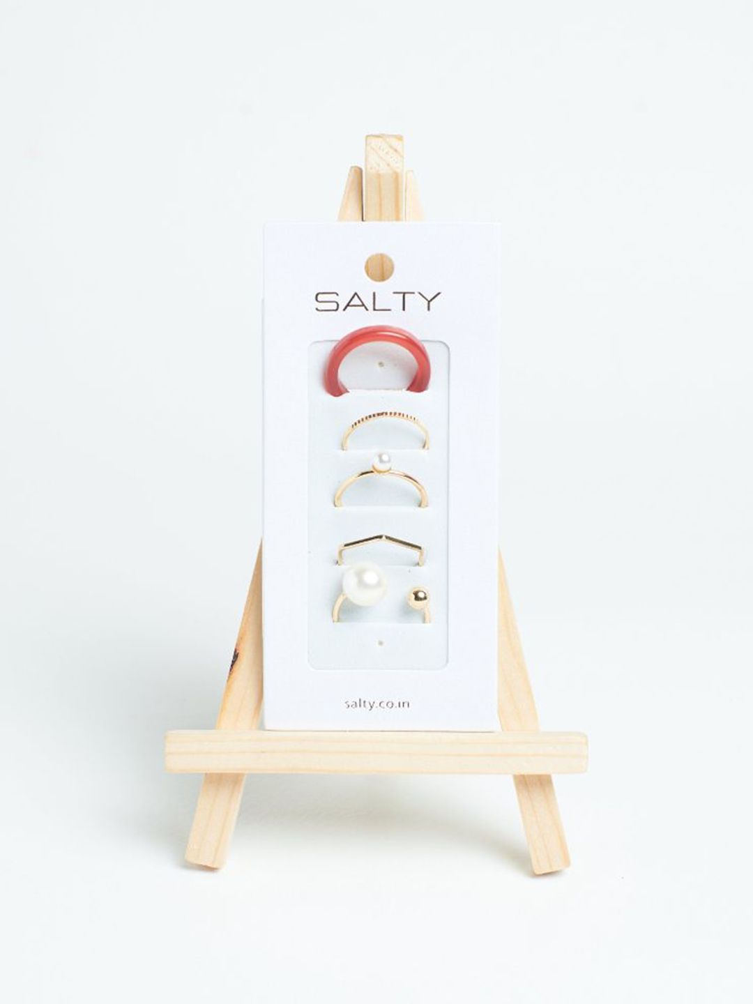 SALTY Set Of 5 Cherry Pearl Stylish Adjustable Finger Rings