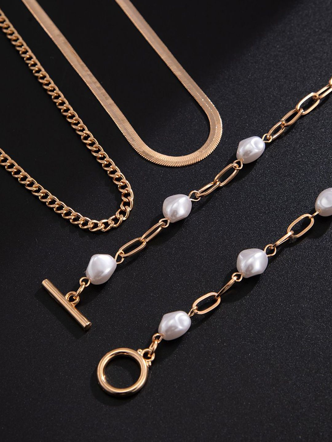 SEt Of 3 Gold-Plated Artificial Baeded MInimal Necklace