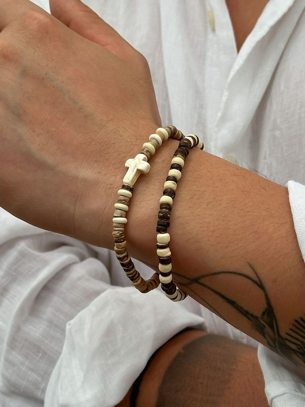 Men Set of 2 Wooden Elastic Bracelets