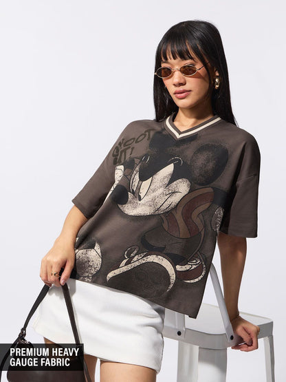 Women Mickey Mouse Printed V-Neck Drop-Shoulder Sleeves T-shirt
