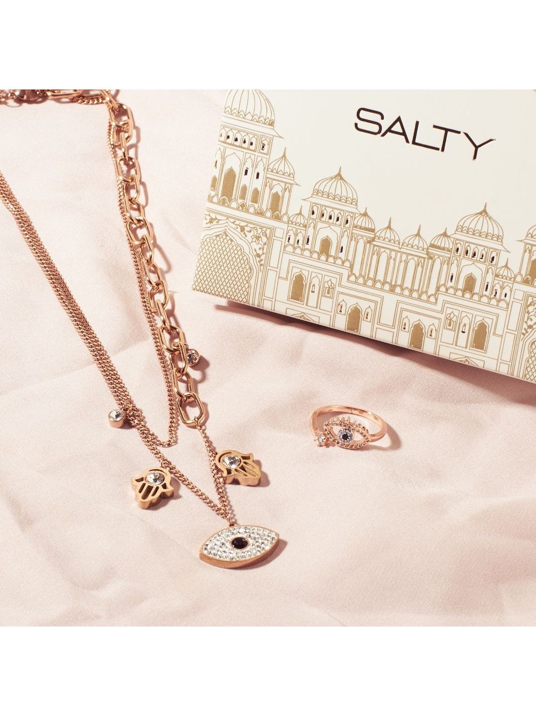 SALTY Evil Eye Hamsa Layered Necklace & Cute Evil Eye Ring Jewellery Set