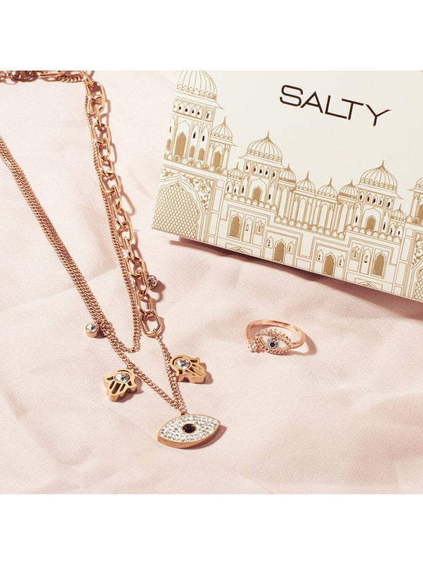 SALTY Evil Eye Hamsa Layered Necklace & Cute Evil Eye Ring Jewellery Set