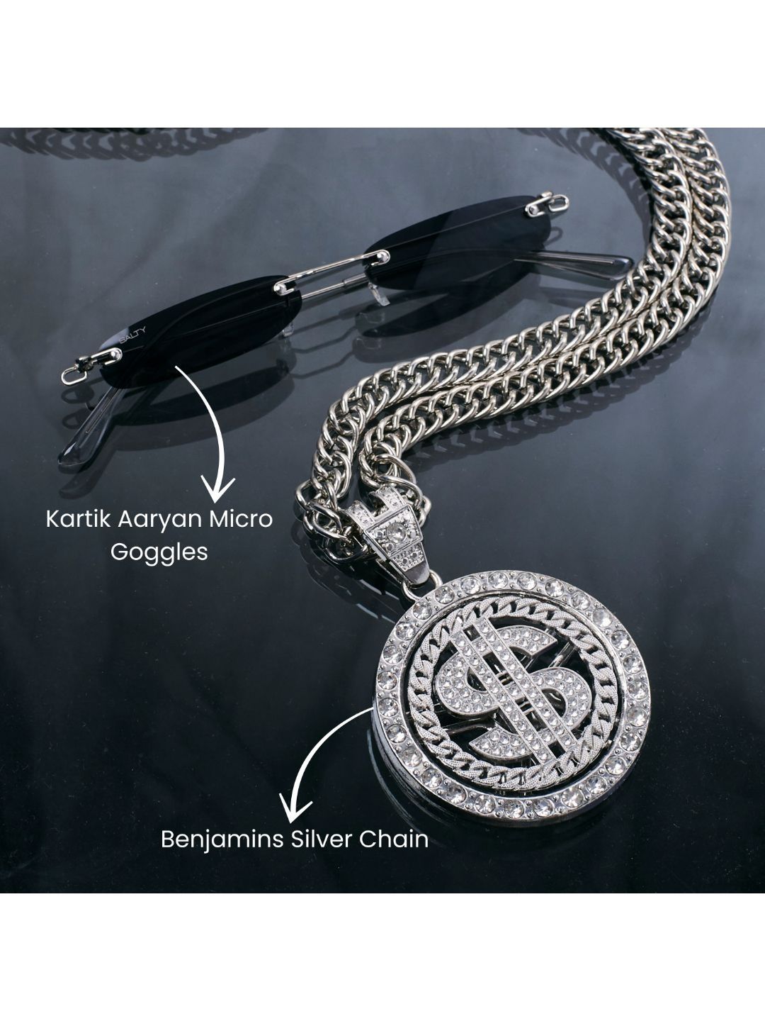 SALTY Stone Studded Circular Pendant With The Dollar Sign Chain & Micro Sunglasses