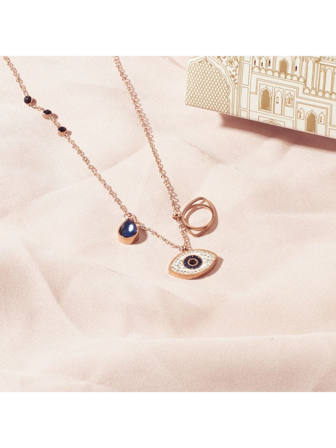 SALTY Sapphire Evil eye Necklace & Cute Evil Eye Adjustable Ring Jewellery Set