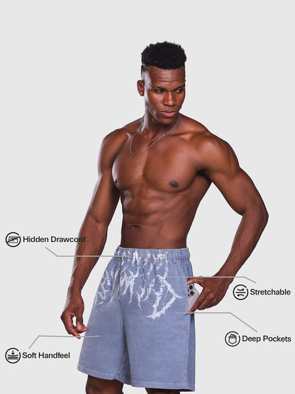 Men Floral Acid Wash Denim Sports Shorts