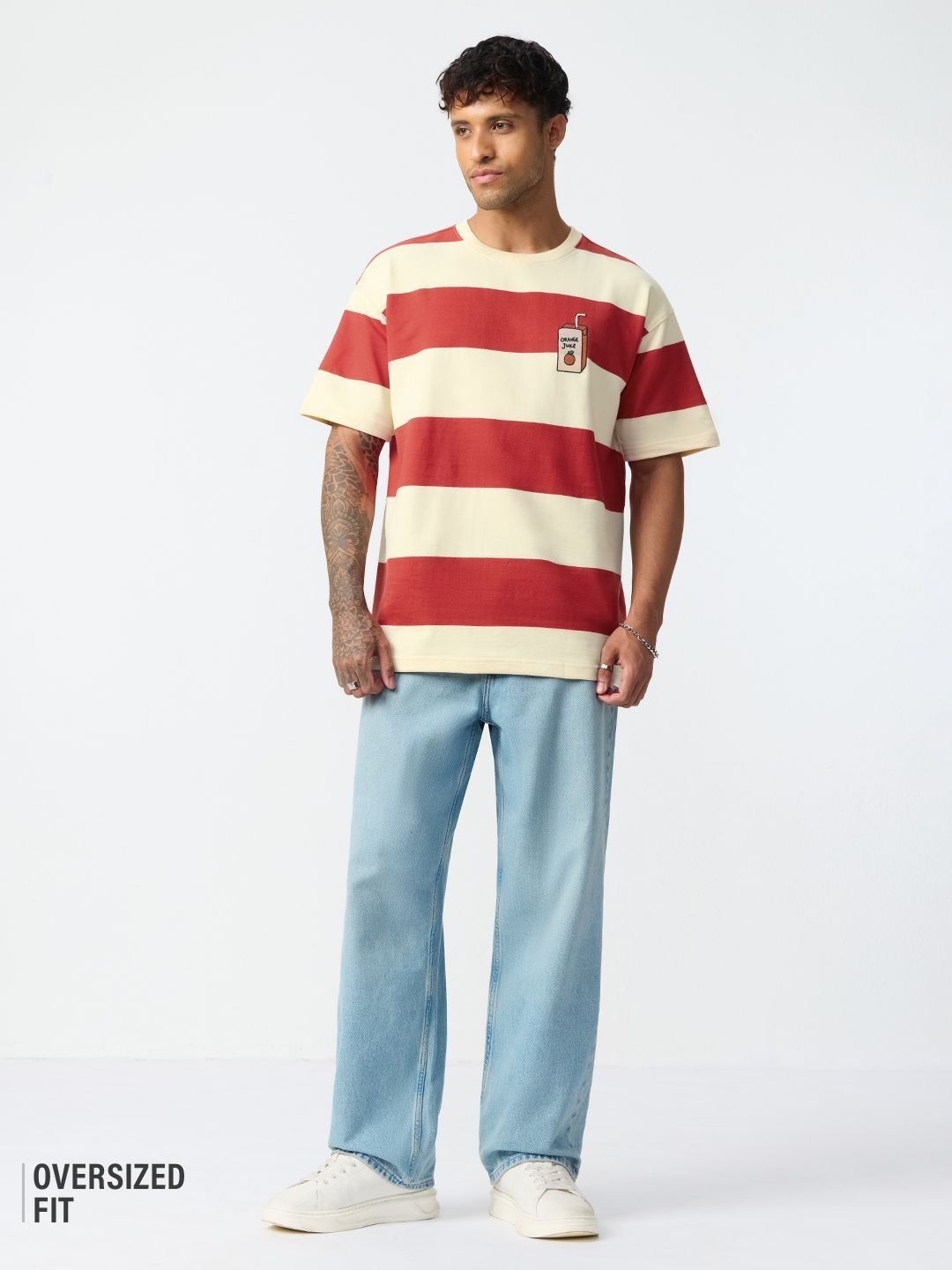 Striped Drop-Shoulder Sleeves Pure Cotton Oversized Tshirt