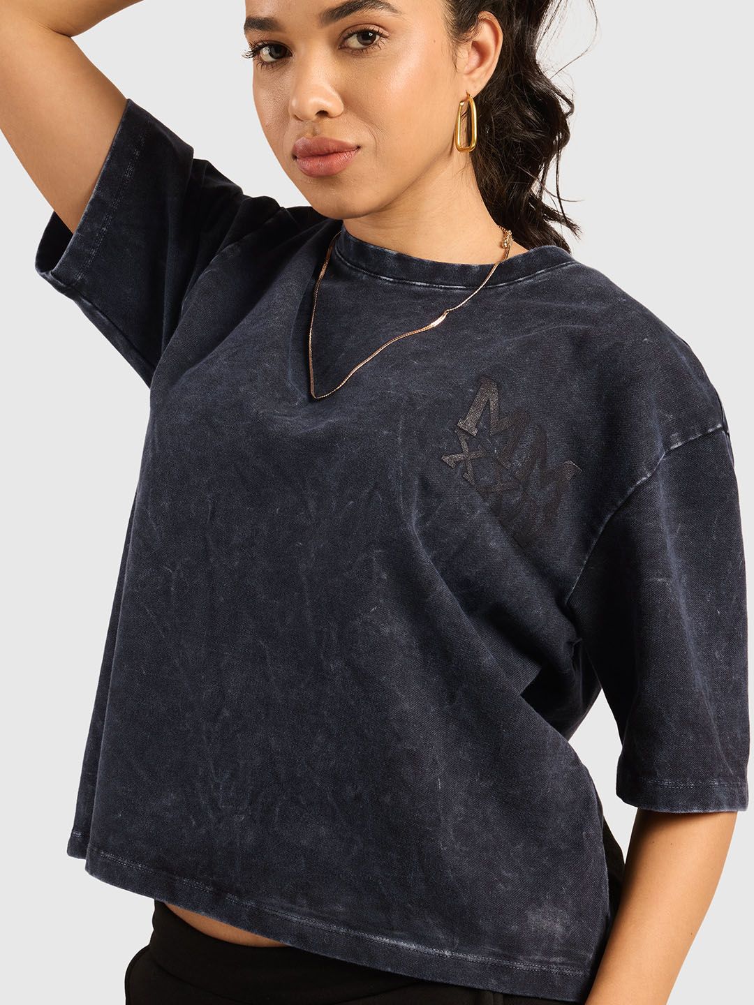 Women Typography Printed Round Neck Cotton Acid Wash Oversized T-shirt
