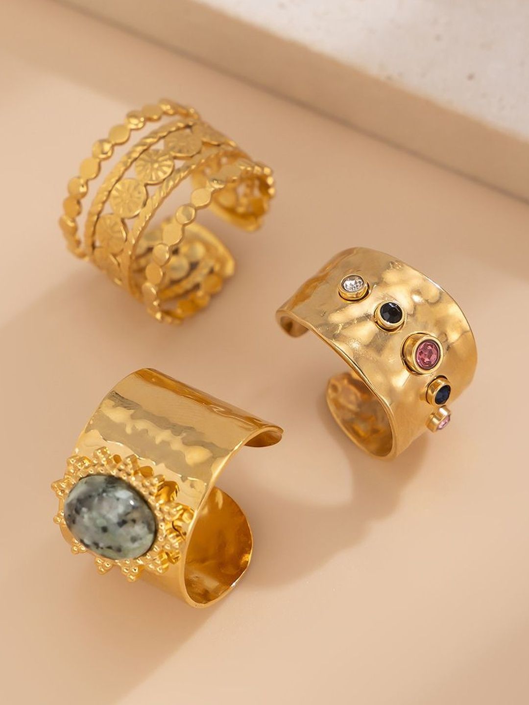 Set Of 3 Gold-Plated Stone-Studded Adjustable Finger Rings