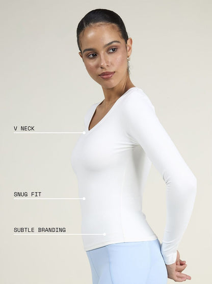 Women White Sculpt V-Neck Top