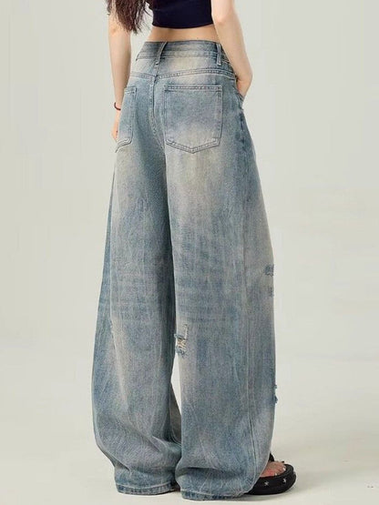 Women Wide Leg Mid-Rise Mildly Distressed Light Fade Jeans