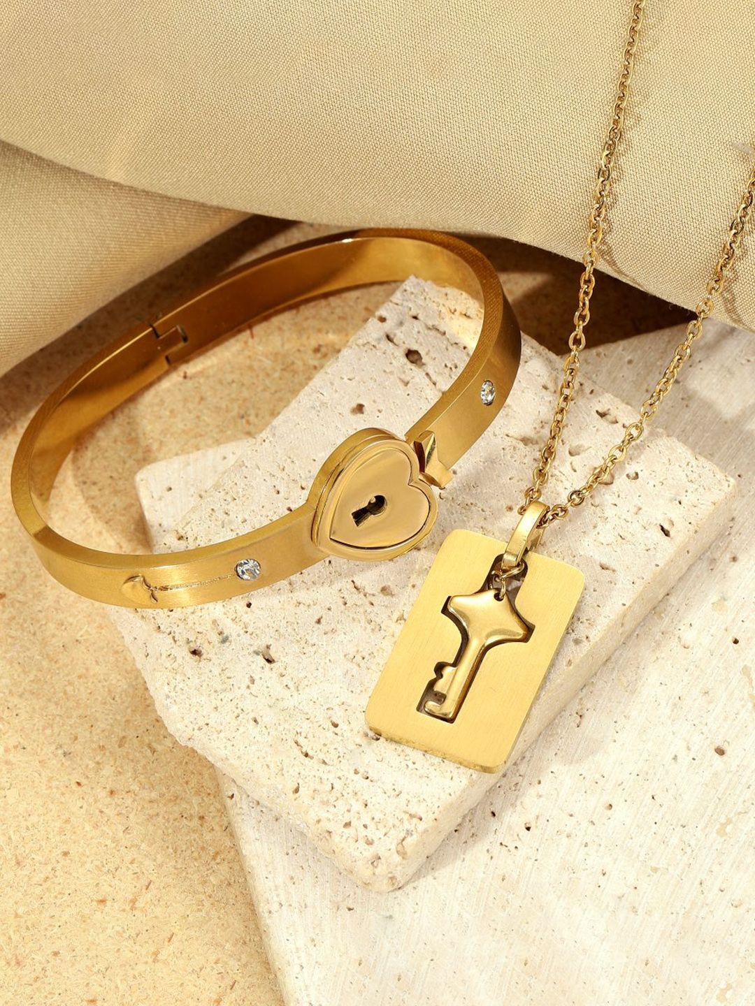 SALTY Stainless Steel Golden Lock & Key Love Bracelet & Necklace Set for Women & Girls