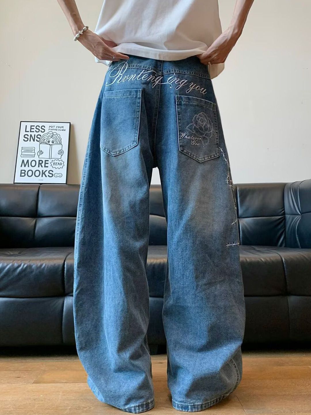 Men Wide Leg Mid-Rise Heavy Fade Cotton Jeans