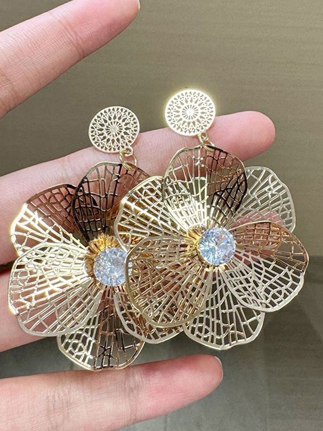 Gold-Plated Zircon Studded Floral Shaped Drop Earrings