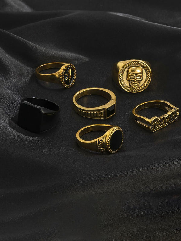 Men Pack Of 6 Gold-Plated Stone Studded Finger Rings