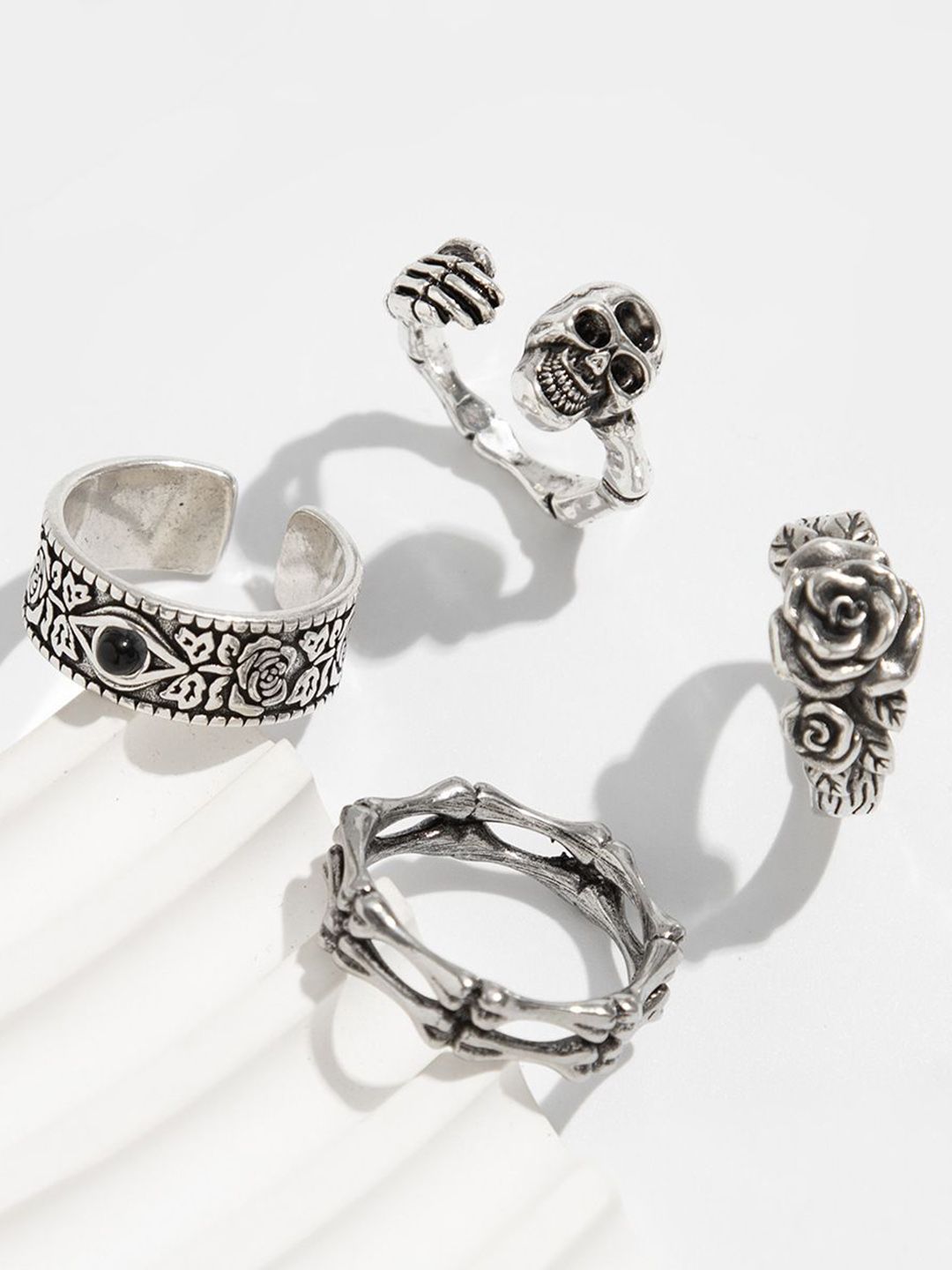 Set of 4 Silver-Plated Stone-Studded Adjustable Finger Ring