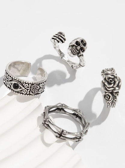 Set of 4 Silver-Plated Stone-Studded Adjustable Finger Ring