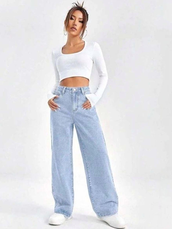 Women Classic Wide Leg High-Rise Light Fade Stretchable Jeans