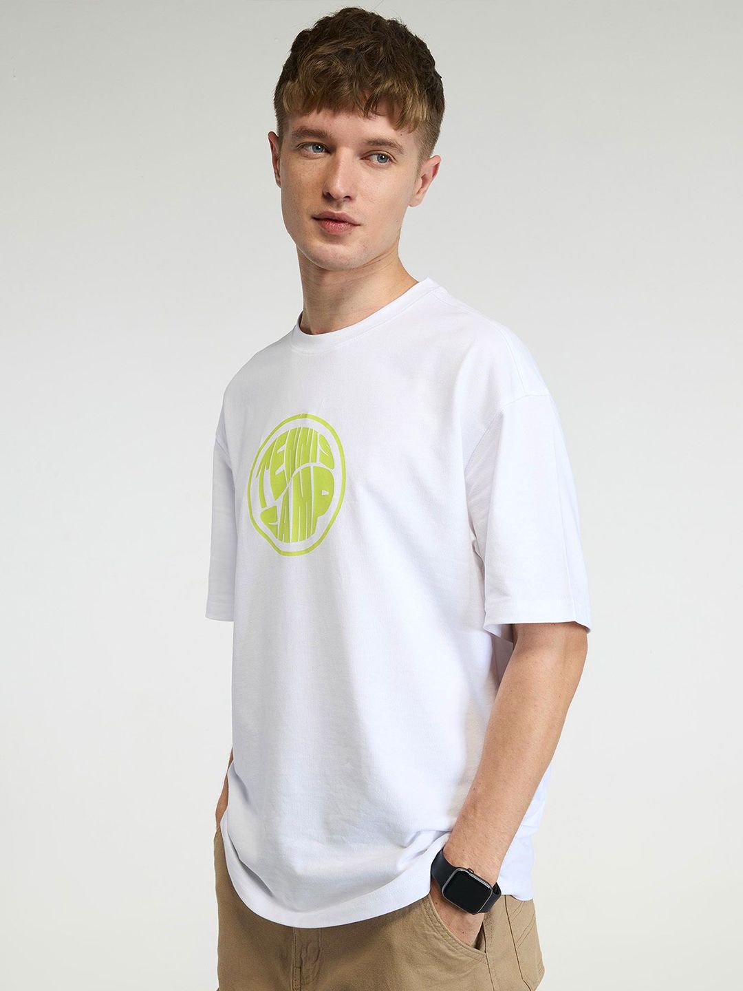 Men White Tenniscore Oversized Printed Cotton Tee