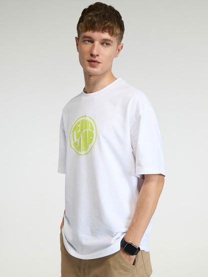 Men White Tenniscore Oversized Printed Cotton Tee
