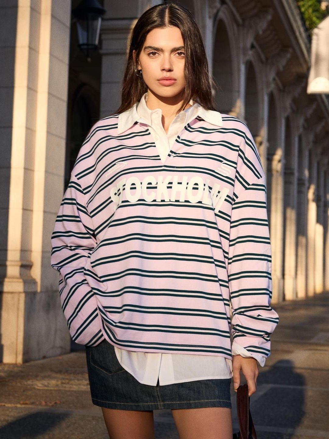 Printed long-sleeve polo collar T-shirt