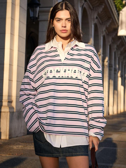 Printed long-sleeve polo collar T-shirt