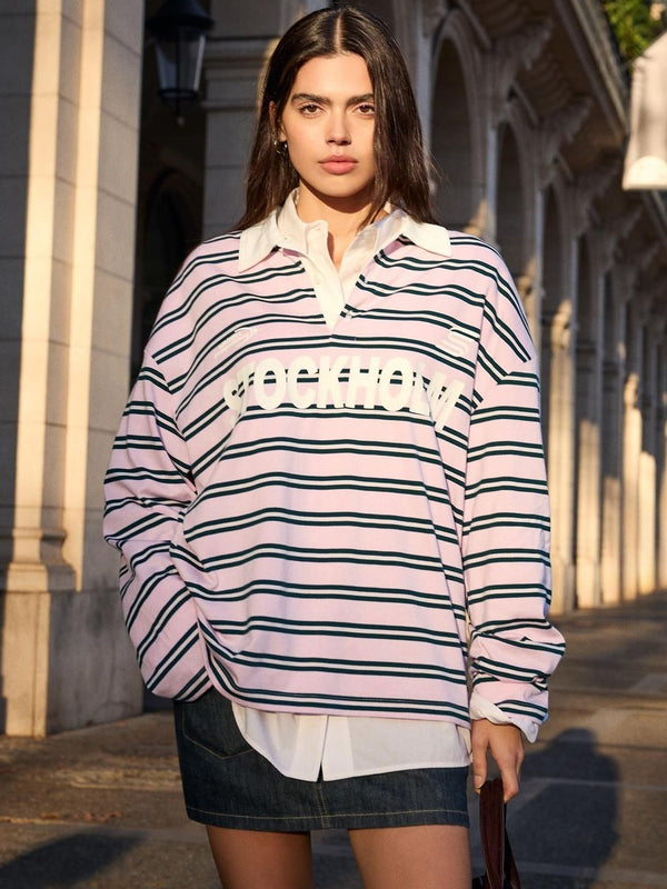 Printed long-sleeve polo collar T-shirt