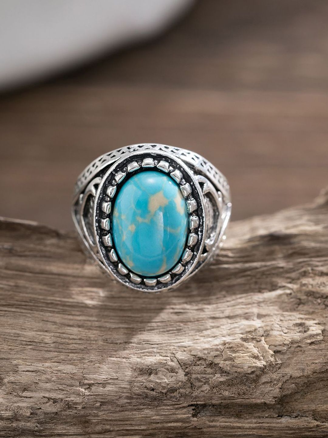 Silver-Plated Stone-Studded Adjustable Finger Ring