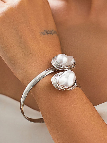 Women Pearls Handcrafted Silver-Plated Armlet Bracelet