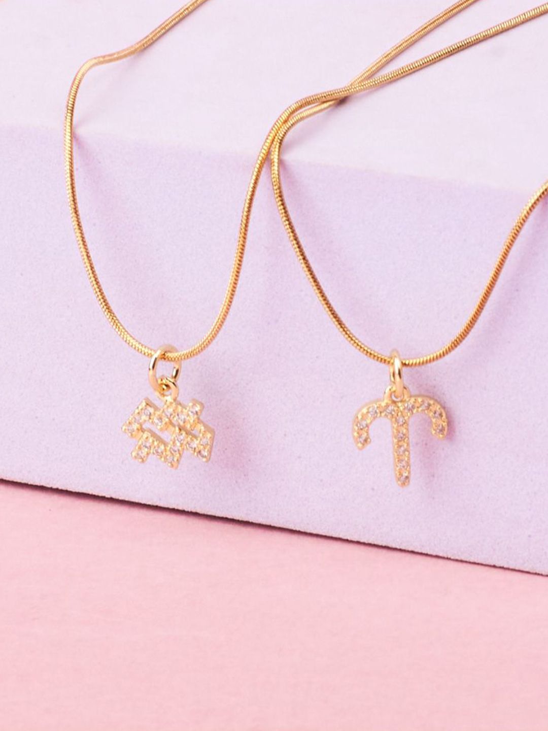 SALTY Set Of 2 Stones-Studded Aquarius & Aries Pendant With Chain