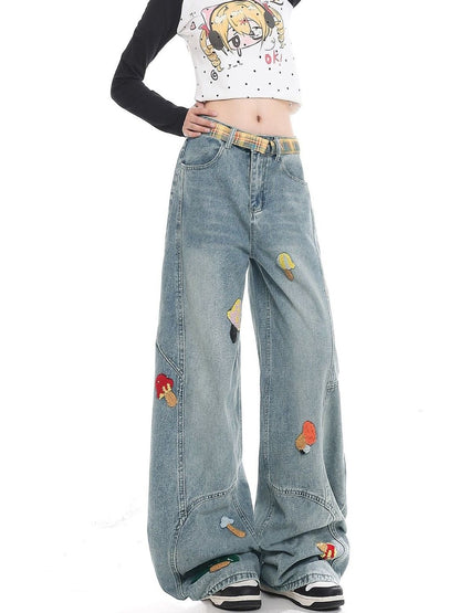 Women Wide Leg High-Rise Light Fade Embroidered Jeans