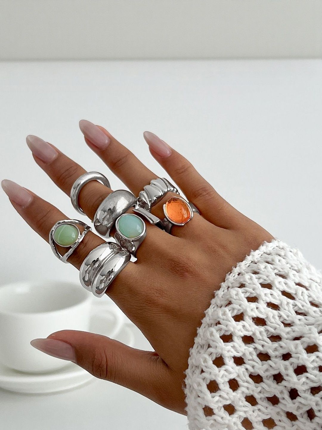 Women Set Of 7 Silver-Plated Finger Rings