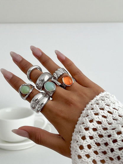 Women Set Of 7 Silver-Plated Finger Rings