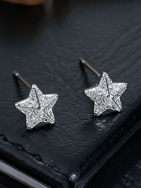 Men Silver Plated Zircon Studded Star Shaped Studs