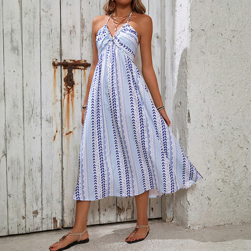 Geometric Print A-Line Dress with Halter Neck and Open Back