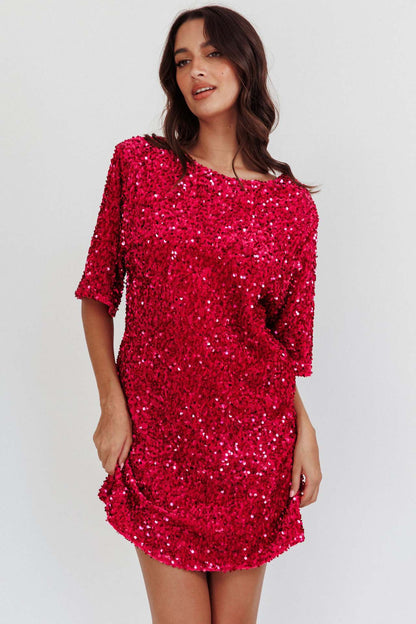 Sequined Shift Mini Dress with Half Sleeves