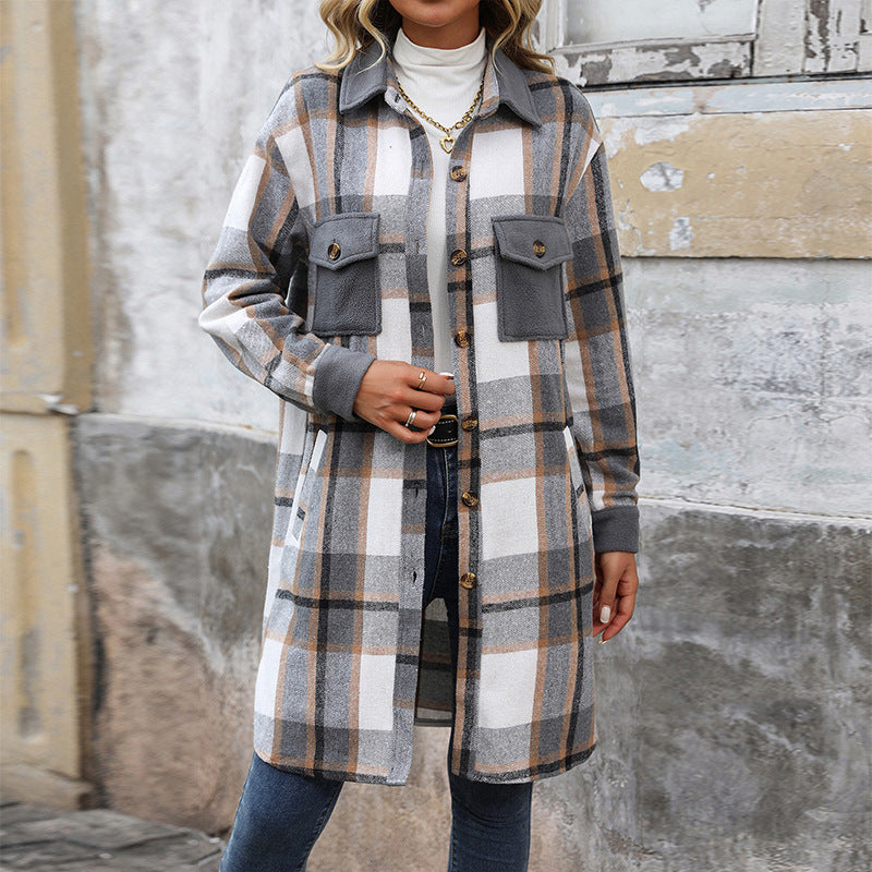 Long Plaid Shirt Jacket with Contrast Pockets