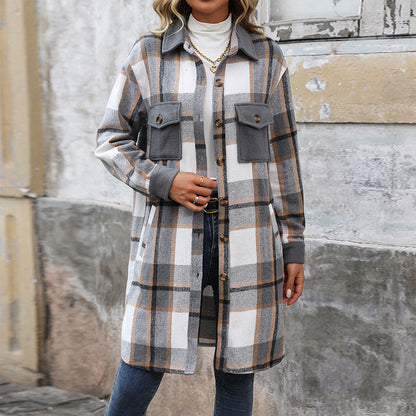 Long Plaid Shirt Jacket with Contrast Pockets