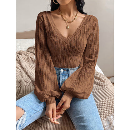 Textured Knit V-Neck Pullover with Puff Sleeves